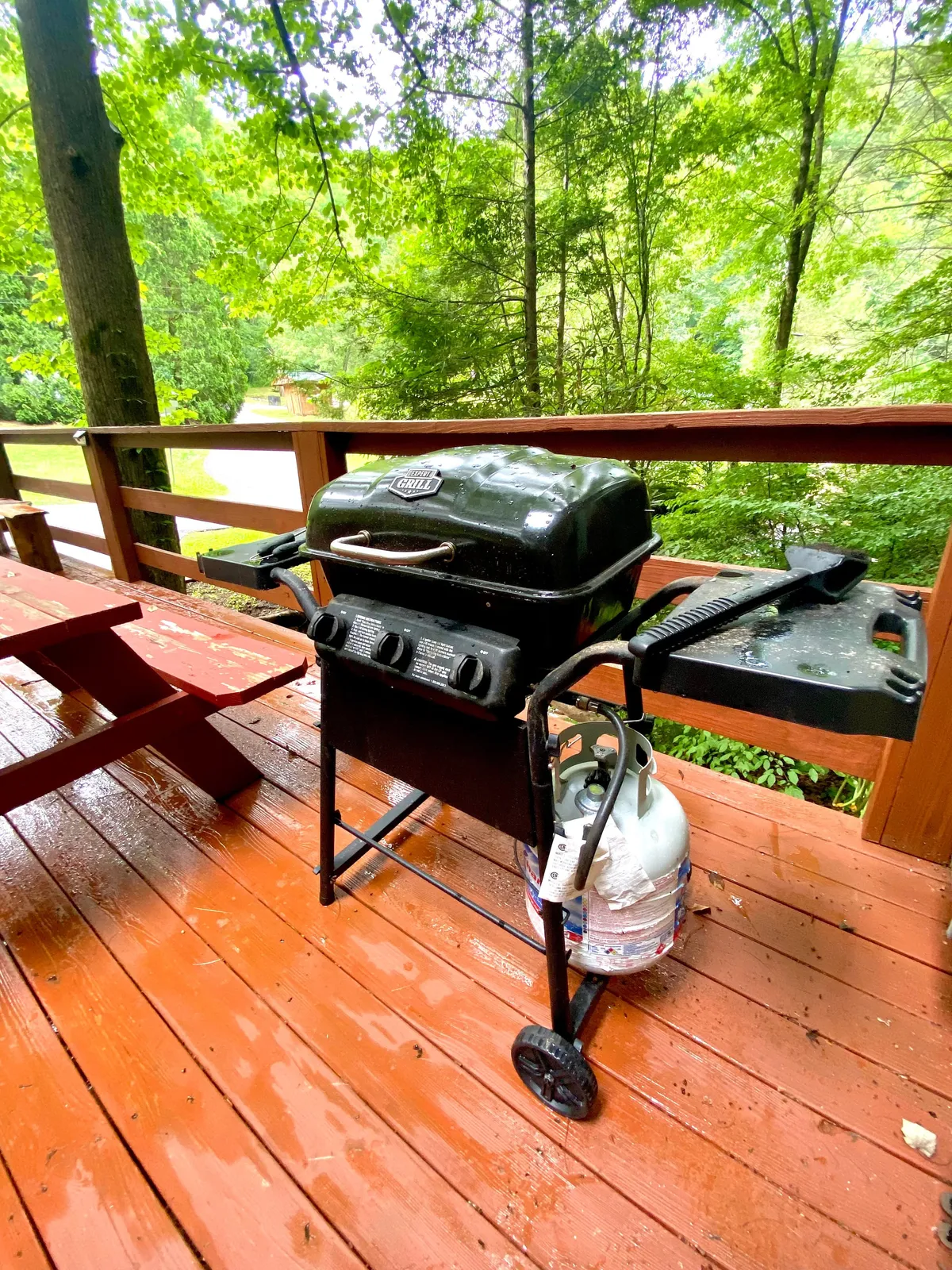 A close-up of the grill area on a wooden deck, surrounded by lush greenery. The space is set for family barbecues or relaxed evenings, inviting residents to share meals and create memories together in a safe outdoor environment.